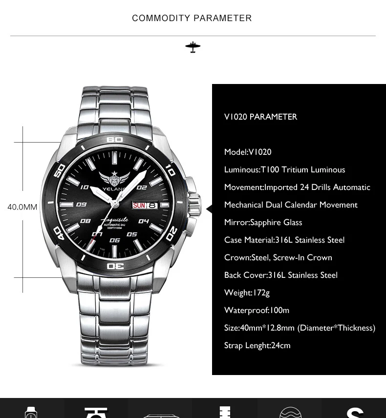 YELANG наручные часы мужские, T100 Тритий Светящиеся автоматические часы спортивные водонепроницаемые военные наручные часы relogio masculino V1020S