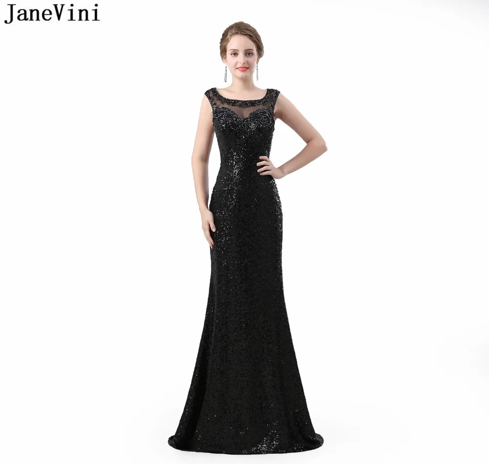 

JaneVini BlingBling Sequined Mermaid Long Bridesmaid Dresses Scoop Neck Beading Illusion Back Sexy Black Prom Party Formal Dress