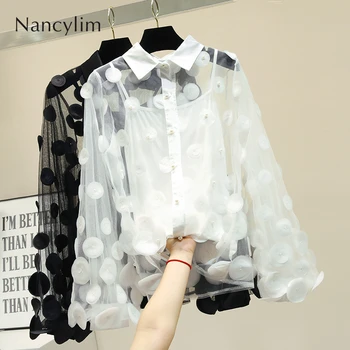 

Shirt Lady 2019 Spring Summer French Hepburn Style Hollowed Out 3d Flower Beaded Shirts Blouse Female Fashion Blouses Tops Blusa