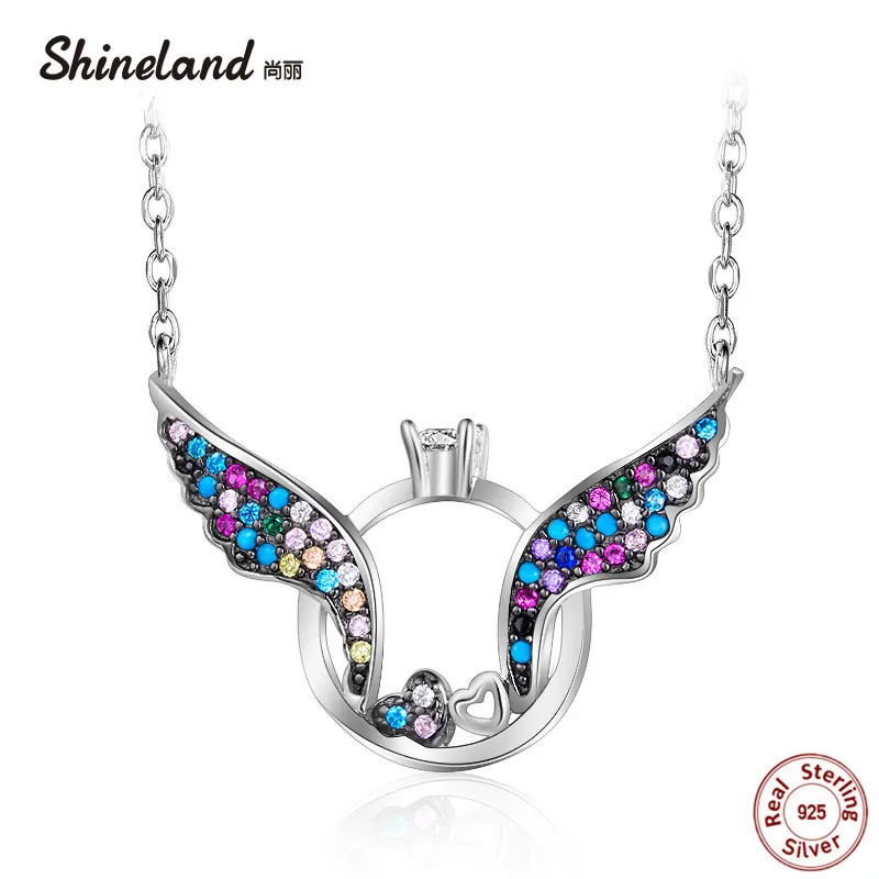 buy Shineland Real 925 Steeling Silver Necklace Fashion Colorful Cubic Zirconia Angel Love Wings Party Jewelry Gift For Women Girl