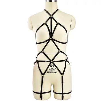 

Blachk Full Body Harness Set for Women Underwear Adjust Lingerie Goth Harajuku Sexy Hollow Out Cage Bra Club Dance Rave Wear
