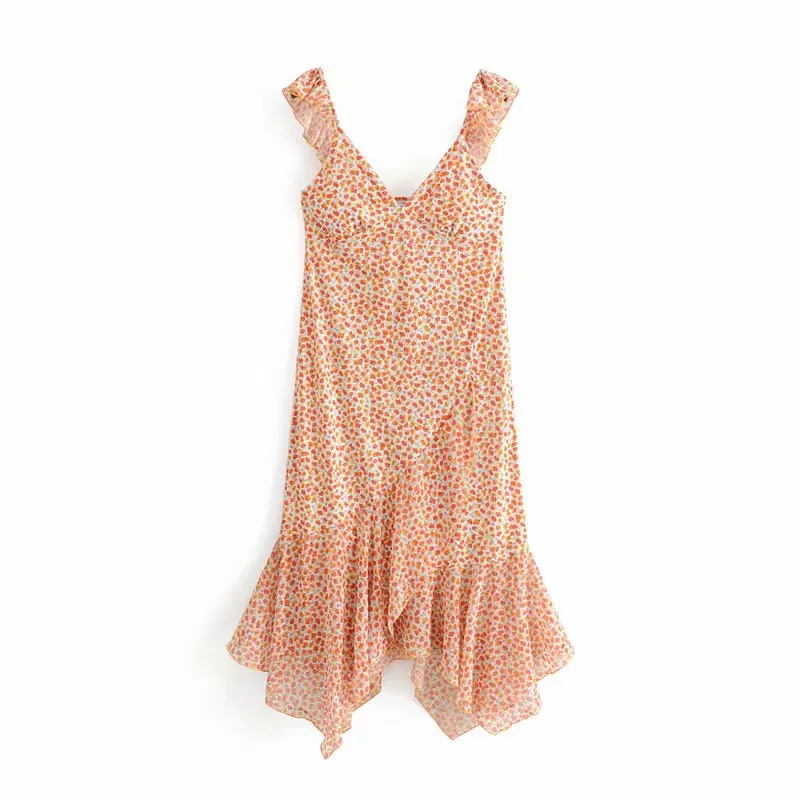 

Chic Floral Print Contrast Colors Asymmetrical Ruffles Spaghetti Strap Dress Fashion Za Elegant Women V-Neck Long Dresses