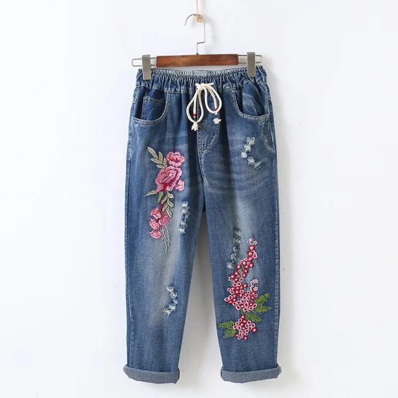 Summer Women Denim Pants Ripped Elastic Waist Casual Jeans Loose Embroidered Flowers Hole Trousers Female - Цвет: Print 1