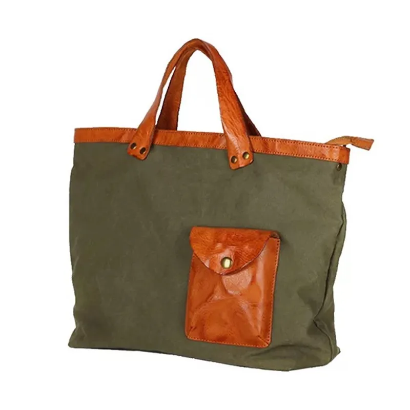 

Unisex Designer High Density Canvas Woman Men Large Shoulder Bag Zipper Closure Leather Handle Female Male Flap Pocket Handbag