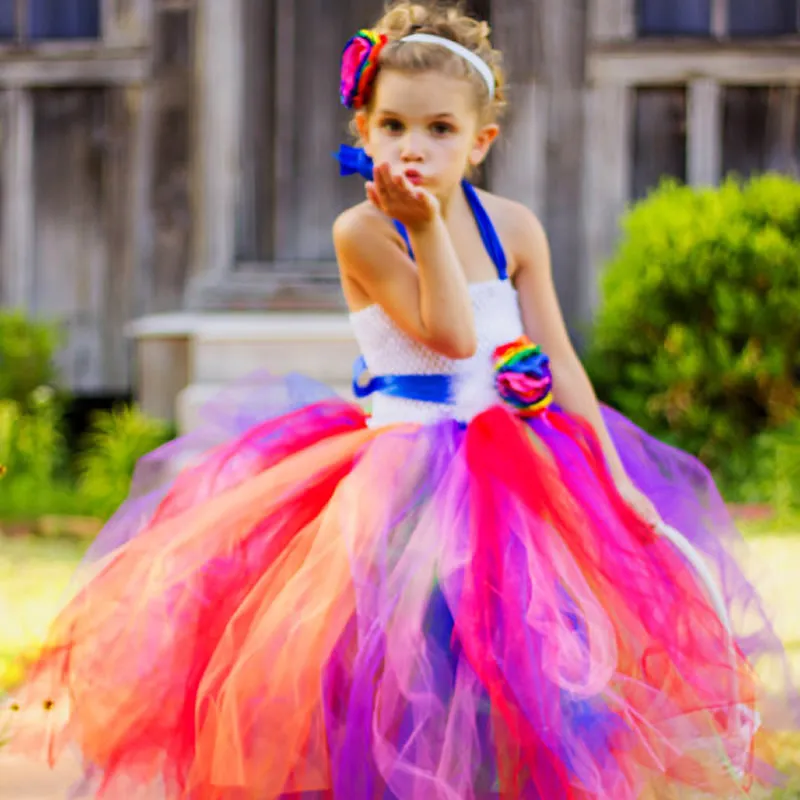 

2018 New Rainbow Flower Girl Tutu Dress Pageant Dresses For Little Girls Vestidos De Festa Infantis 2T-12Year