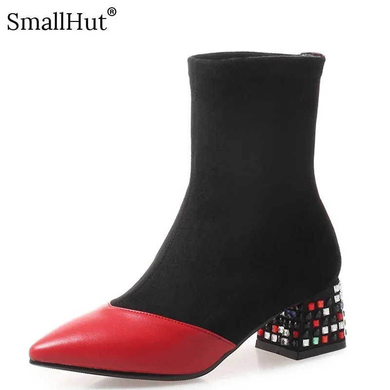 

Genuine Cow Leather Ankle Boots Women Autumn Winter Ladies Fashion Woman Black Pointed Toe Crystal Mixed Colors Ankle Boots E082