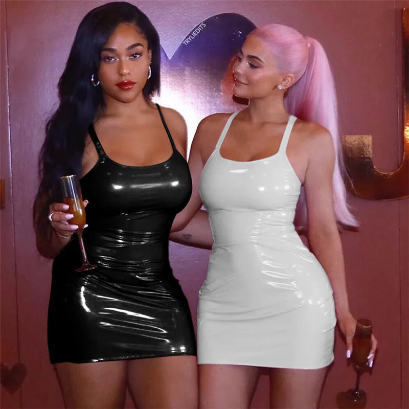 

White Black Leather Dress Womens Summer Sexy Mini Bodycon Dresses 2019 Elegant Short Zipper Side Women Night Club Party Dress
