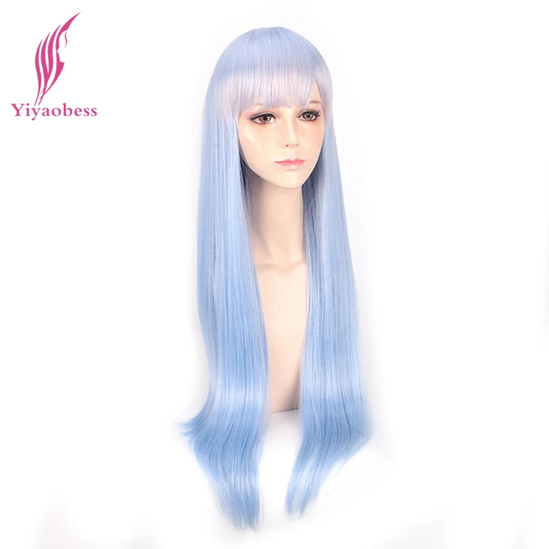 

Yiyaobess 80cm Rem Synthetic Hair Long Blue Cosplay Wig With Bangs Halloween Costume Straight Wigs For Women