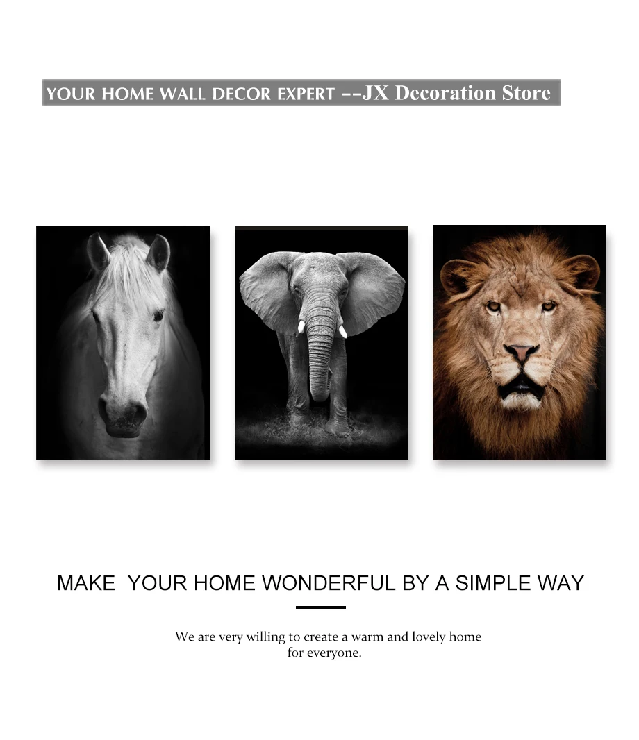Vivid Wild Animal Lion Horse Elephant Modern Black White Poster&Print Bedroom Nordic Canvas Painting Wall Art Picture Home Decor (1)
