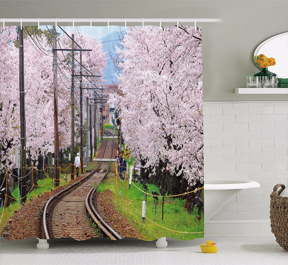 High Quality Arts Shower Curtains Railroad With Japanese Sakura Trees