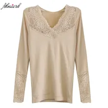 На осень-зиму Новое Женское с v-образным вырезом и кружевом для маленьких девочек, футболка с длинными рукавами сплошного цвета на пуху тонкий сексуальное женское платье с кружевом для маленьких девочек, футболка нижняя рубашка L208