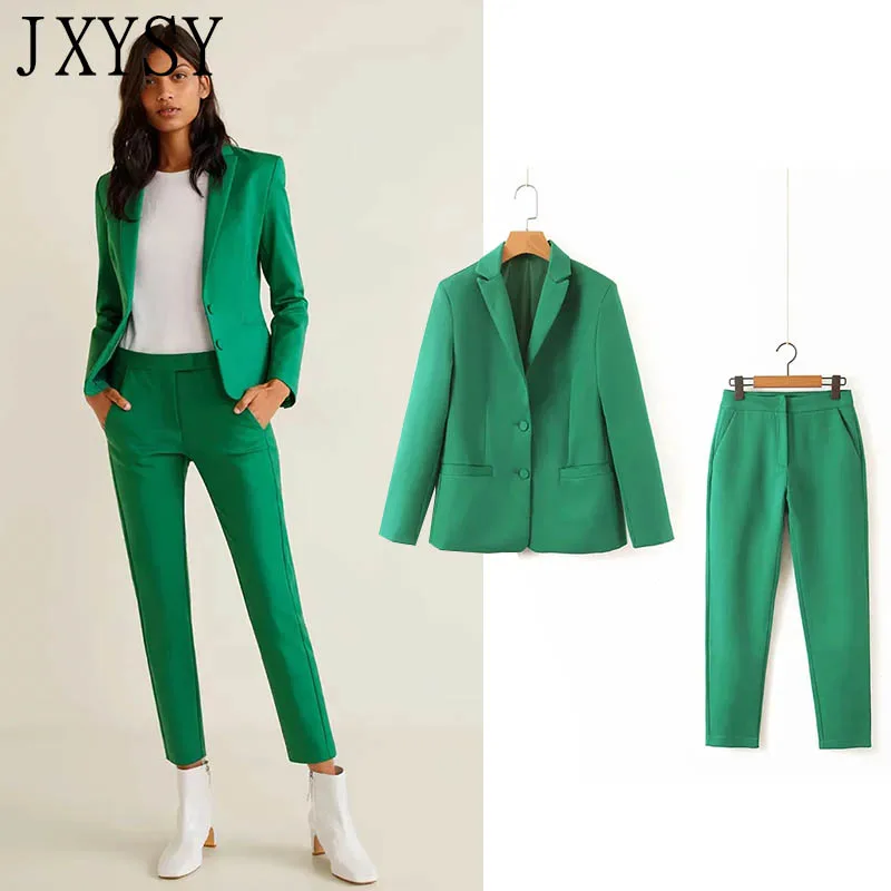 

JXYSY Women 2019 Chic Green Blazer Pockets Two Button Long Sleeve Office Wear Coat Solid Female Blazer Casual Outerwear Tops