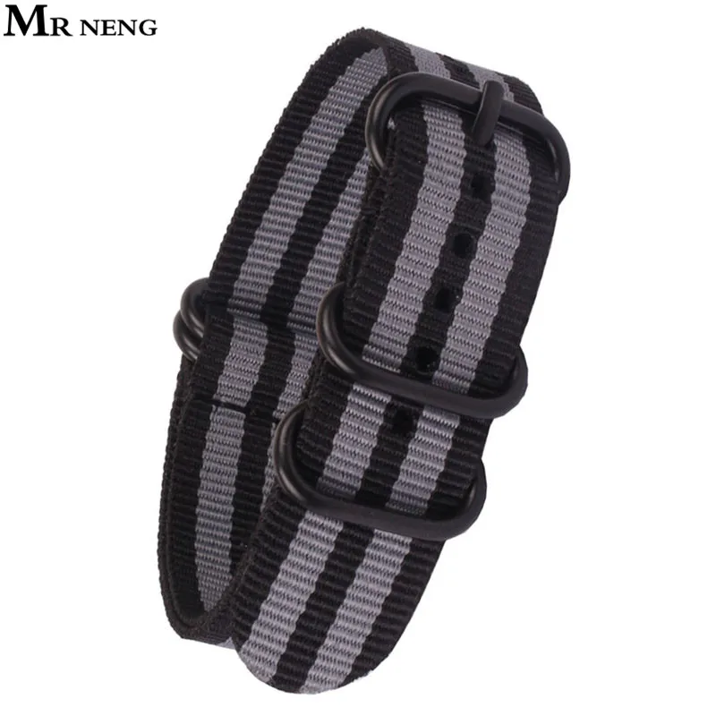 

MR NENG Brand For ZULU NATO Strap 20mm 22mm 24mm Black Grey Stripe Colors Nylon Watchband 22mm Black Buckle Belts