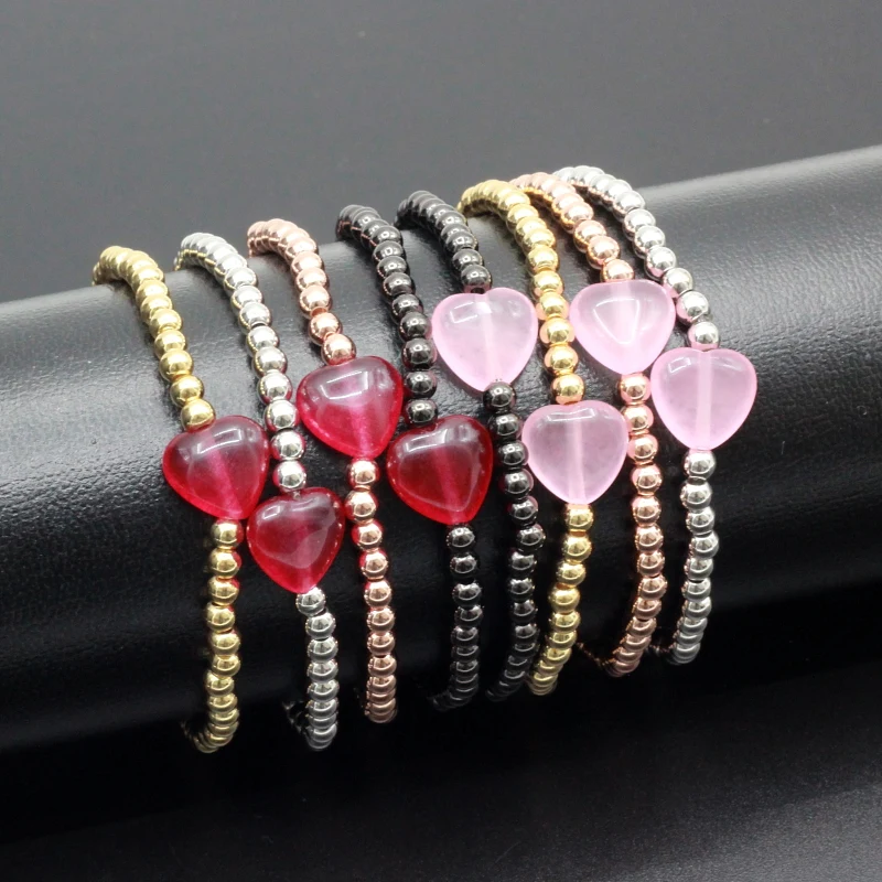 Buy 4mm Brass Beads Stretched Beaded Bracelet Pink Hot