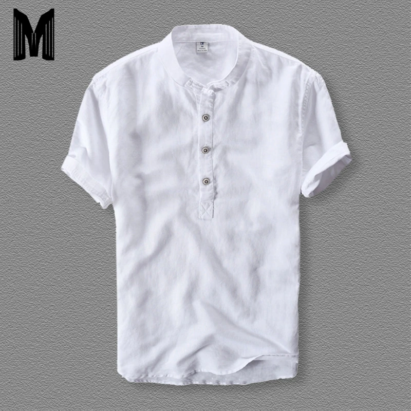 Offerte Mens Camicette di Modo di 2019 di Estate Manica Corta In Cotone Sottile di Lino Allentato Camicette Maschio di Colore Bianco casual Camicette Più Il Formato Magliette e camicette y001