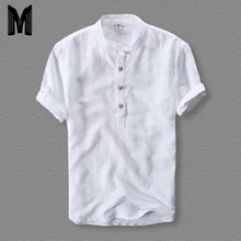 Mens Kemeja Fashion 2019 Musim Panas Lengan Pendek Slim Katun Linen Longgar Kemeja Pria Warna Putih Kasual Kemeja Plus Ukuran Tops y001(China)