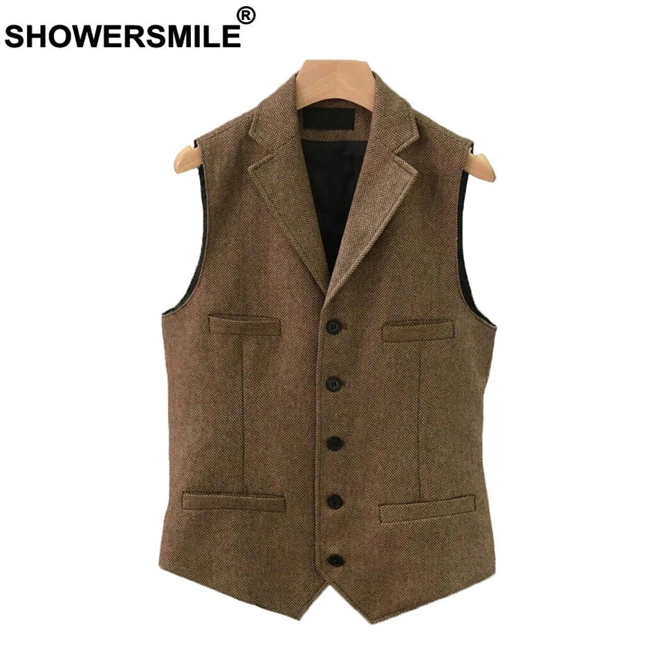 

SHOWERSMILE Suit Vest Men Wool Tweed British Style Waistcoat Brown Classic Slim Fit Herringbone Sleeveless Jacket Plus Size 4XL