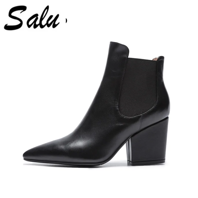 

Salu Women Ankle Boots All Match High Heel pointed Toe Design Women Fashion cow leather Ankle Boots Size 34-39