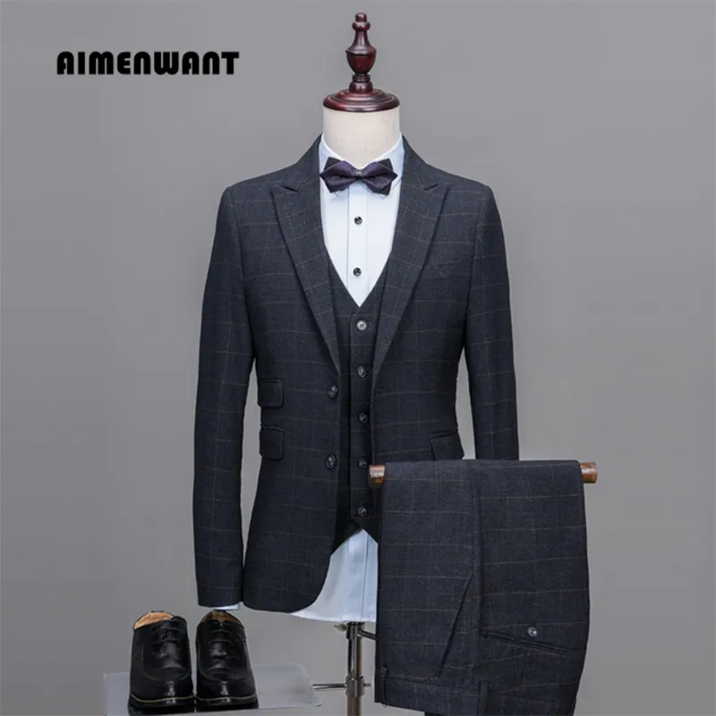 Aimenwant Мужской строгий костюм для свадьбы(пиджак+ брюки+ жилет) однобортный Тонкий серый клетчатый деловые костюмы