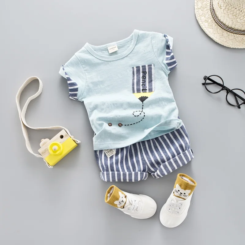 Boys Summer Clothing Set Kids Baby Suits 2019 New Cute Strip Short Pants Children Sleeve Shirt Suit |
