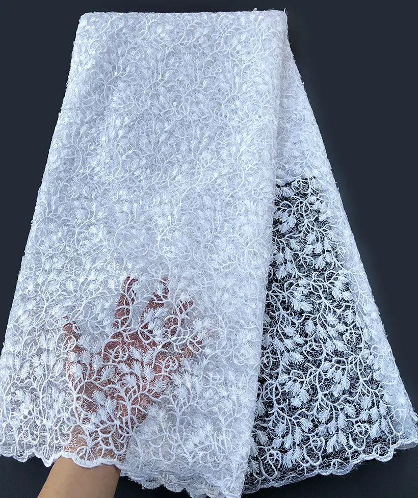 

Soft pure white complicated embroidery African Guipure Lace mix shiny French lace fabric allover small sequins 5 yards hot sale
