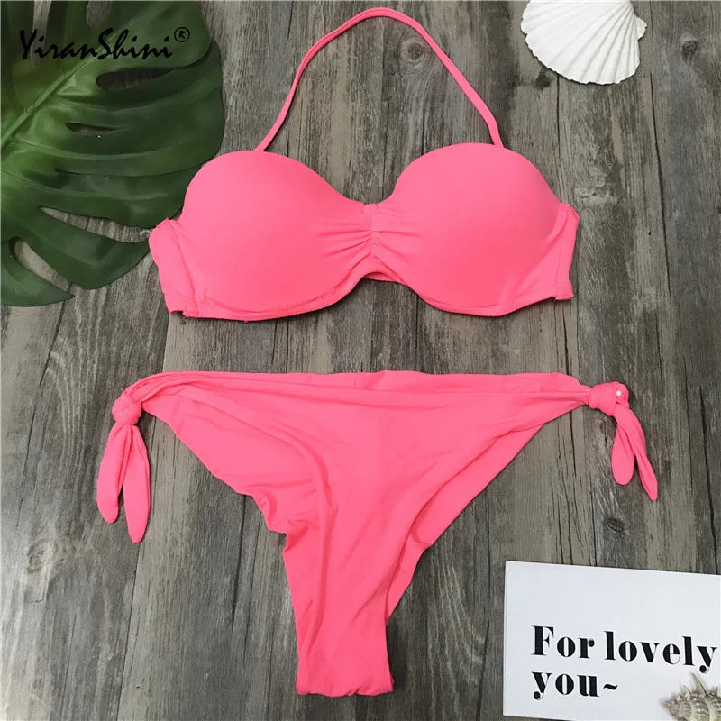 

YIRANSHINI 2018 Pure Color Red Sexy Bandage Push Up Bikini Low Waist Beach Micro Biquinis Sexy Backless Brazilian Bikinis Set