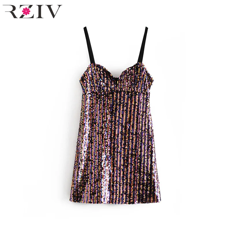 

RZIV 2019 Spring Women's Dress Casual Color Sequins Decorative Sling Dress