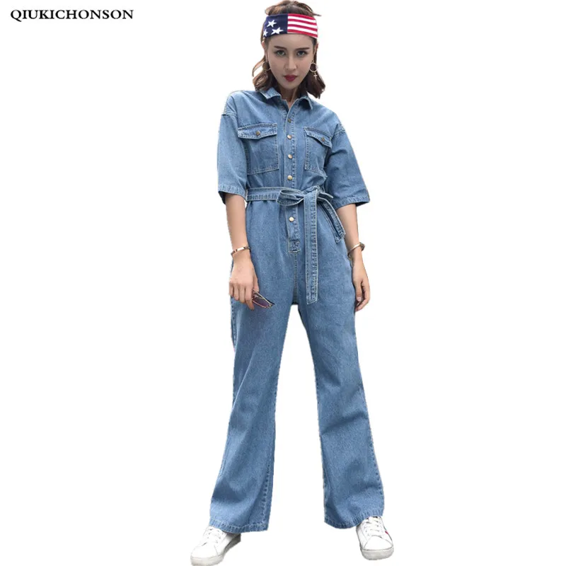 

Short Sleeve Denim Jumpsuit Overalls Women Casual Loose Turn-down Collar Boyfriend Slim Tunic Wide Leg Jeans Jumpsuits with Belt