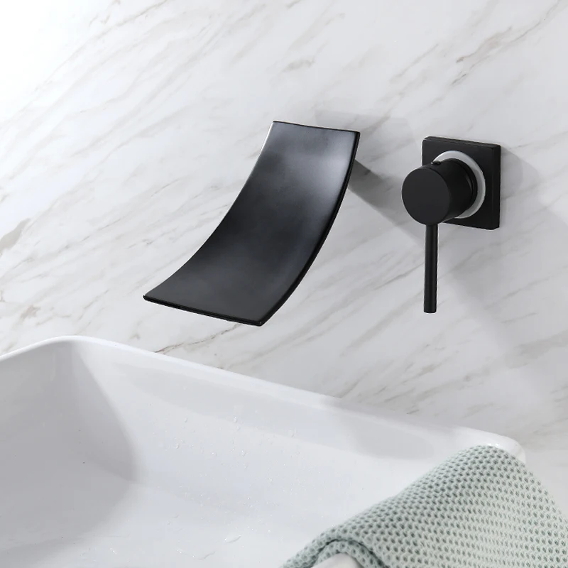 

HPB black bathroom wall-mounted hot and cold waterfall basin faucet concealed wall water washbasin faucet HP3D07