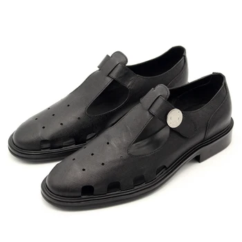 

New arrival Retro hollow T type buckled breathable oxfords Handmade embossed leather cut-outs flats drop shipping big size EU45