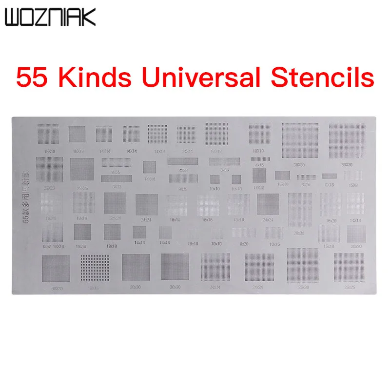 

BGA Reballing Universal Stencil Template 55 Kinds of Universal Phone Solder Paste BGA Reballing Stencils