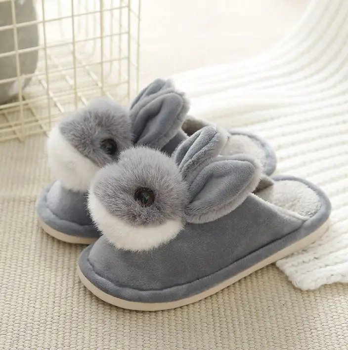 kids home shoes slippers girls cartoon rabbit indoor slippers children cotton slippers winter/auutmn baby warm shoes cute velvet - Цвет: gray