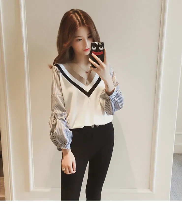 السيدات قمصان طويلة الأكمام blusas موهير 2017 الخريف المرأة البلوزات النسائية الرقبة فانوس كم مخطط المرقعة القمم S6046 السيدات قمصان طويلة الأكمام blusas موهير 2017 الخريف المرأة البلوزات النسائية الرقبة فانوس كم مخطط المرقعة القمم S6046