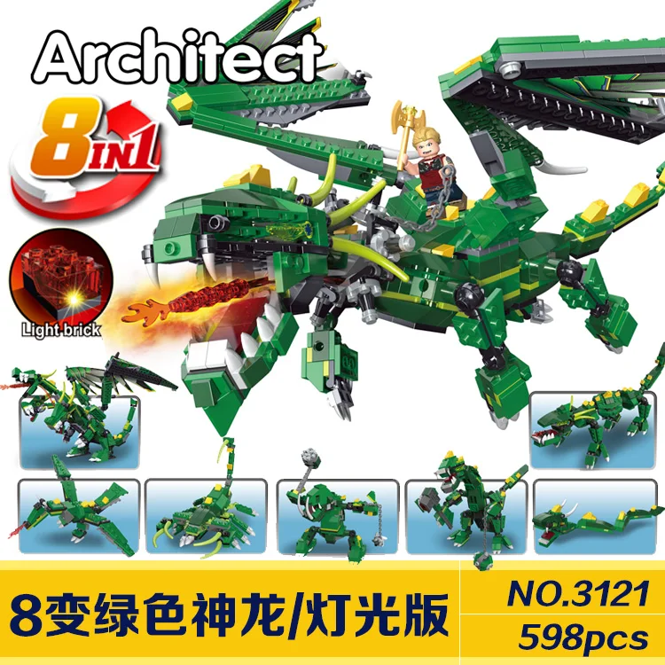 

Decool 3121 598 pcs 8in1 Ninja Vert Dragon Avec La Lumiere Building Blocks set DIY Briques Jouets pour enfants Drole Jouets
