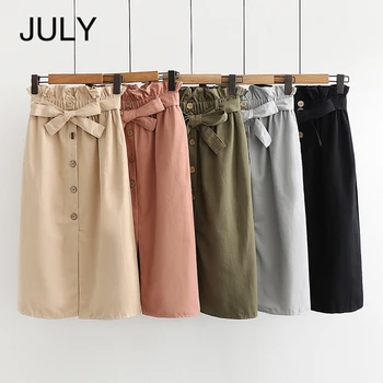 

JULY Long Skirt Women 2019 Spring Summer Split Korean Elegant skirt tie with high-waisted skirt Red black School Skirt Female