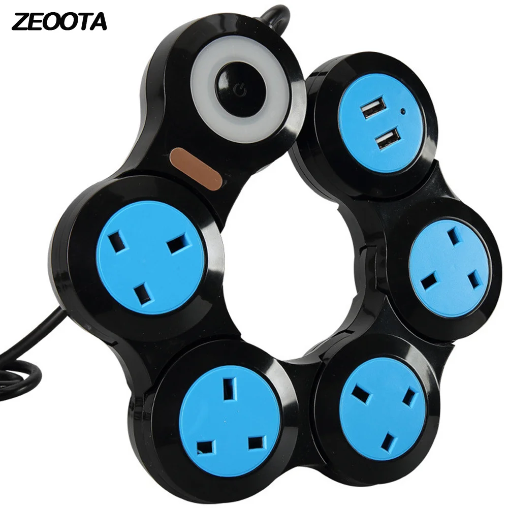 

Power Strip Flexible Rotary Movable Outlets UK Plug Socket with USB Indicator Light 1.8m Extension Cord 10A Travel Charger Blue
