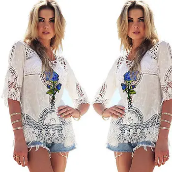 

Fashion Women Lady Summer Half Sleeve Loose Blouse Casual Shirt Tops Floral Hollow Out Lace New Hot Blusas