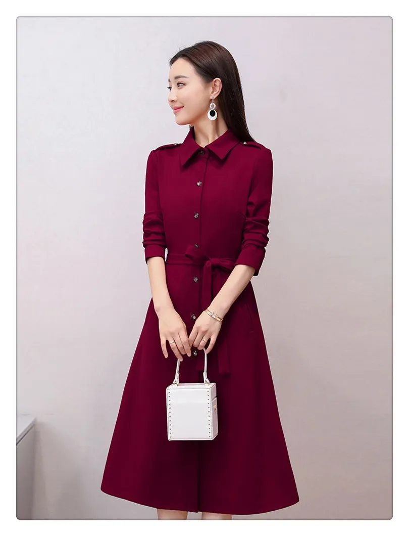2018 New Spring Autumn Fashion Women Long Sleeve Office Work Slim A-Line Dress Sashes Pocket Turn-down Collar Midi Dresses Dresses