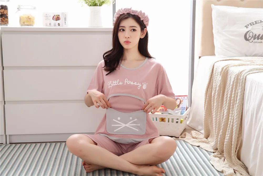 Bonito dos Desenhos Pijama para Mulheres Pijama de Algodão de Manga Roupas de Maternidade Fdfklak Animados Tamanho Grande Grávidas Curta Dormirwear Conjunto Verão 6 Fdfklak Bonito Dos Desenhos Animados Plus Size