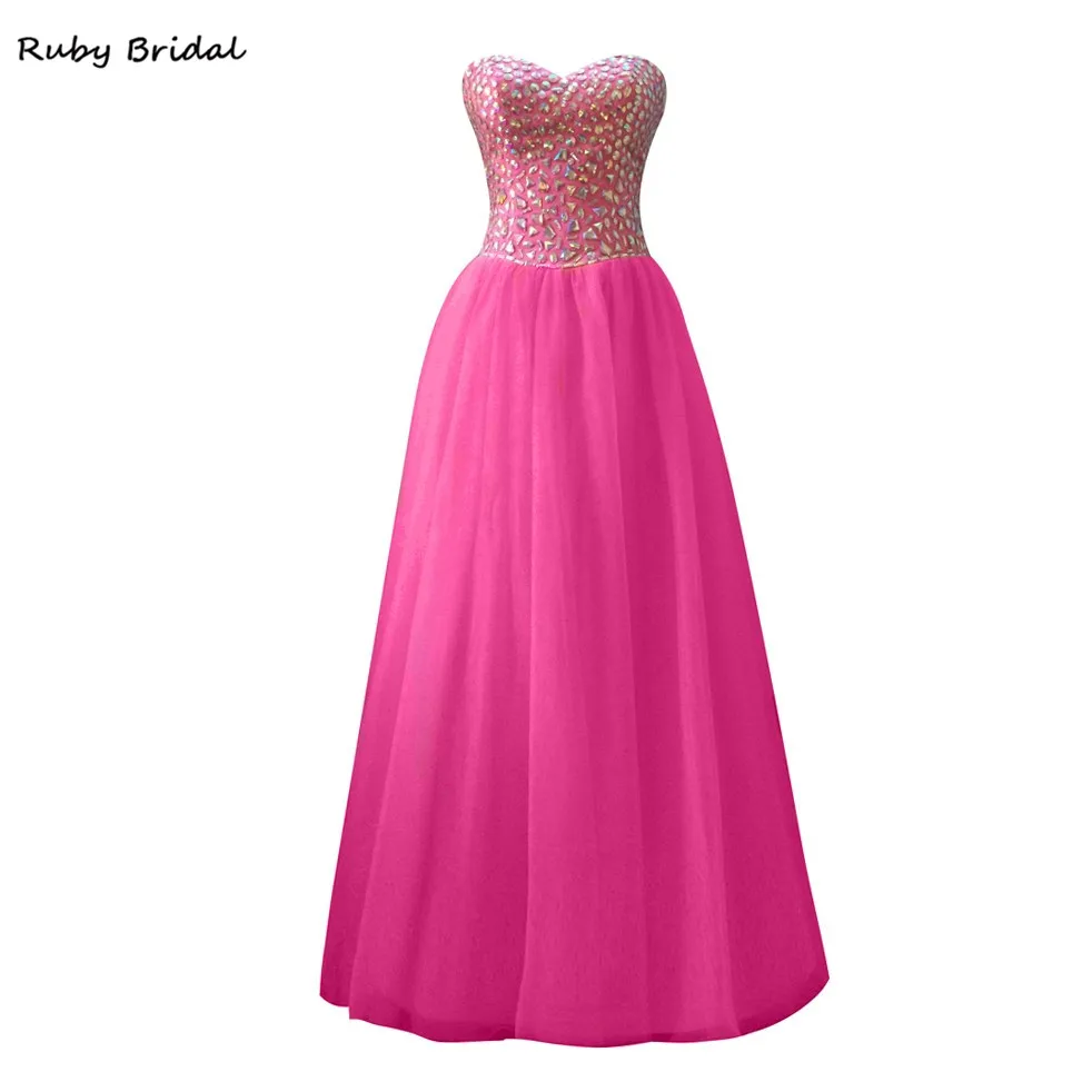 Ruby Bridal Vestidos De Fiesta Long Rose Red Tulle Beaded Prom Dresses ...