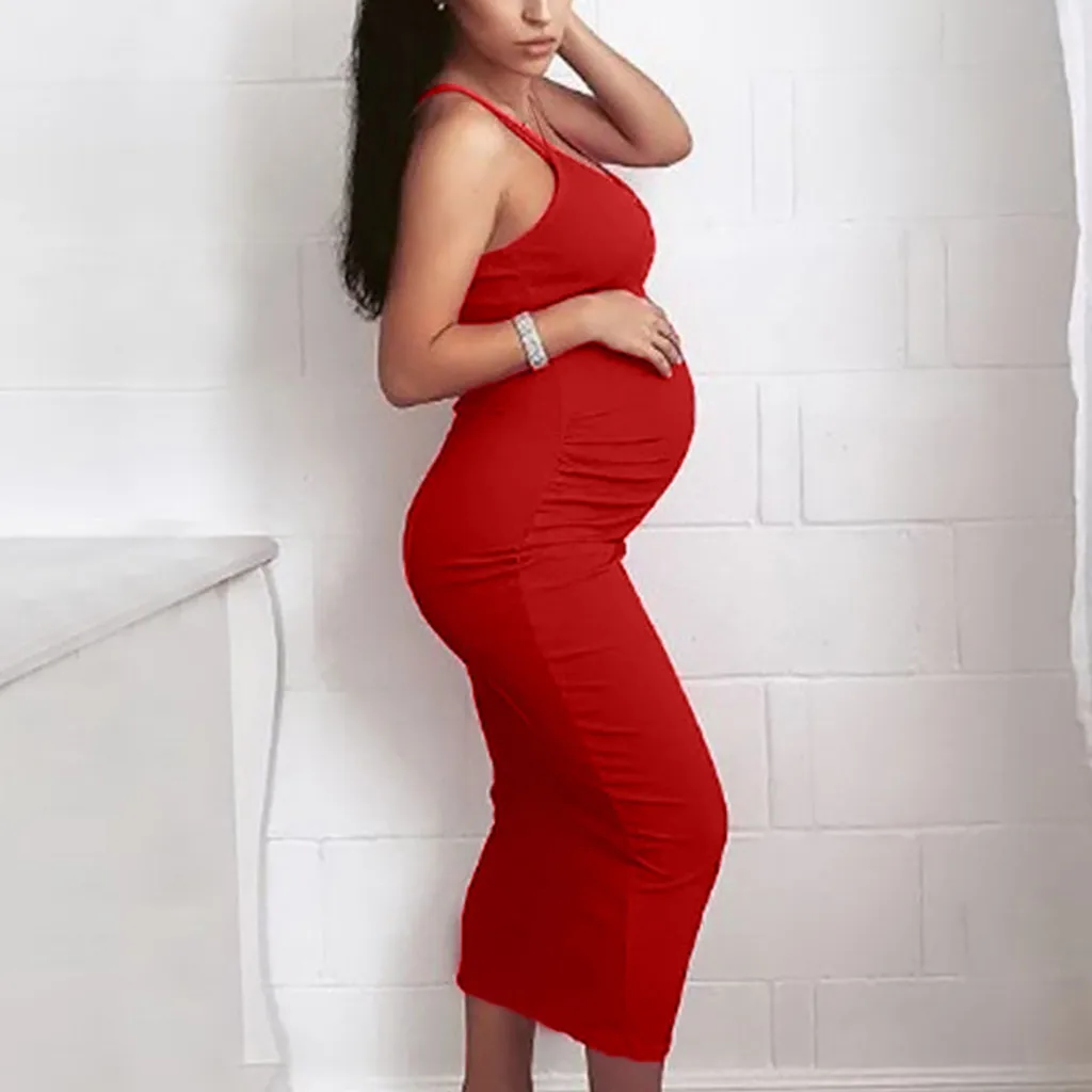 

MUQGEW Maternity Dresses Mother Sleeveless Solid Dresses for Pregnant Women Summer Straps Bodycon Sundress Pregnancy Dress 2019