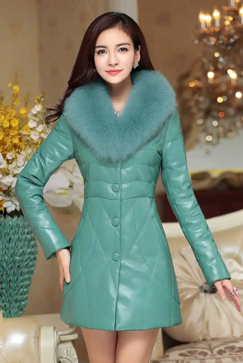 

2015 New Winter Pu Leather Women Duck Coats Fur Collar Medium-Long Thicken Women Parka Jacket Plus Size XXL H5020
