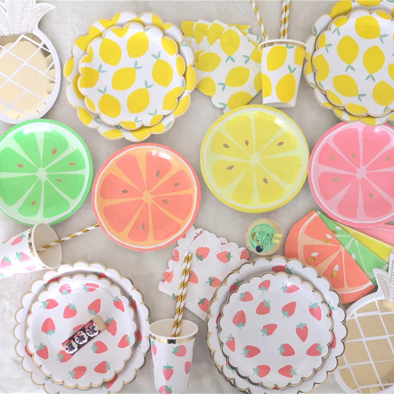 

Tableware Set Fruit Strawberry Lemon Summer Holiday Disposable Paper Plates Cup Napkins Straws Vacation Birthday Party Supplies
