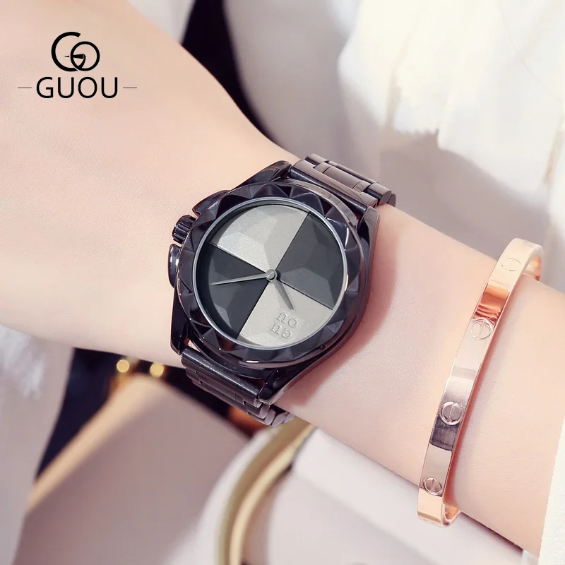 Guou Роскошные брендовые модные черные стальные Простые Подарочные наручные часы для девушек женские кварцевые часы женские наручные часы Reloj Mujer