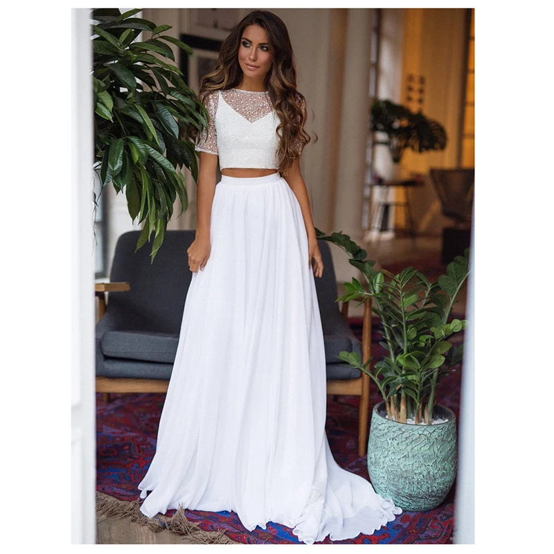 

2 Pieces Wedding Dresses Sexy cheap Chiffon Bridal Wedding Gowns Backless Vestidos De Novia Long Train Beach Bride Dress 2019