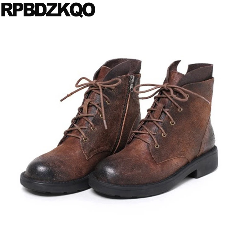 

British Military Shoes Brown Booties Flat Round Toe Genuine Leather Vintage 2017 Designer Women Luxury Work Short Custom Army