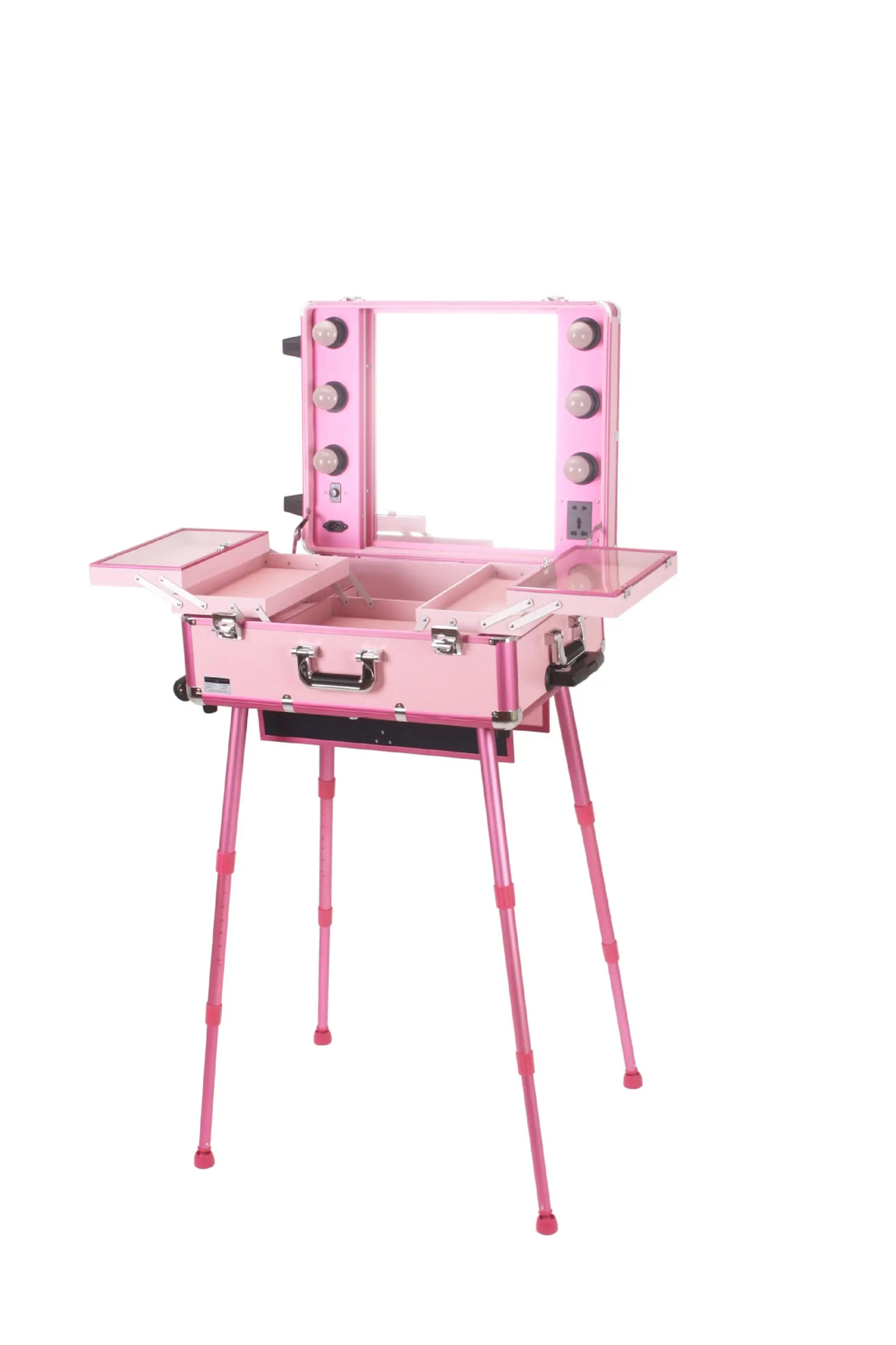 

Rolling Studio Makeup Artist Cosmetic Case w/ 6x 40W Light Bulb Adjustable Leg Mirror Cosmetic Black Train Table