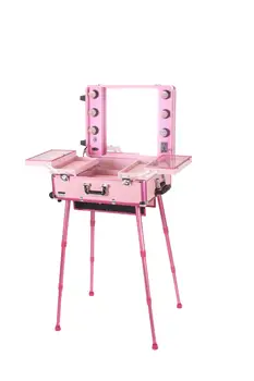 

Rolling Studio Makeup Artist Cosmetic Case w/ 6x 40W Light Bulb Adjustable Leg Mirror Cosmetic Black Train Table