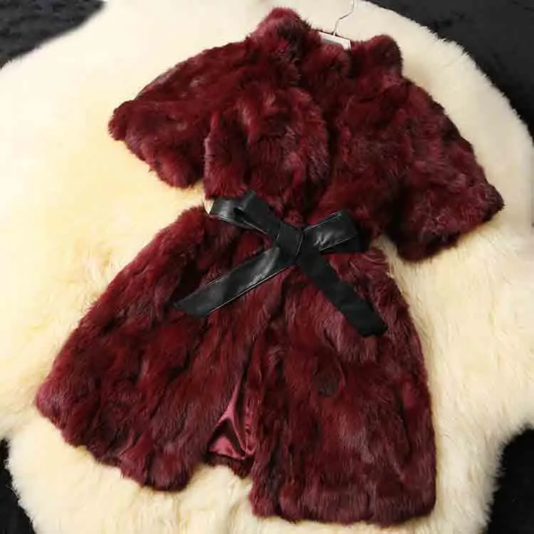 Новое пальто с натуральным кроличьим мехом на заказ плюс большой размер натуральный кролик меховой Длинный жилет Мандарин воротник пальто TFP827 - Цвет: Burgandy