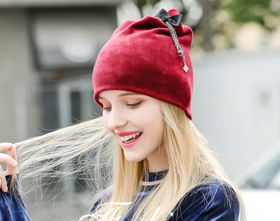 Для женщин трикотажного бархата шляпа женский осень-зима теплые Кепки девочек Skullies шапочки Шапки для отдыха для студентов шляпа
